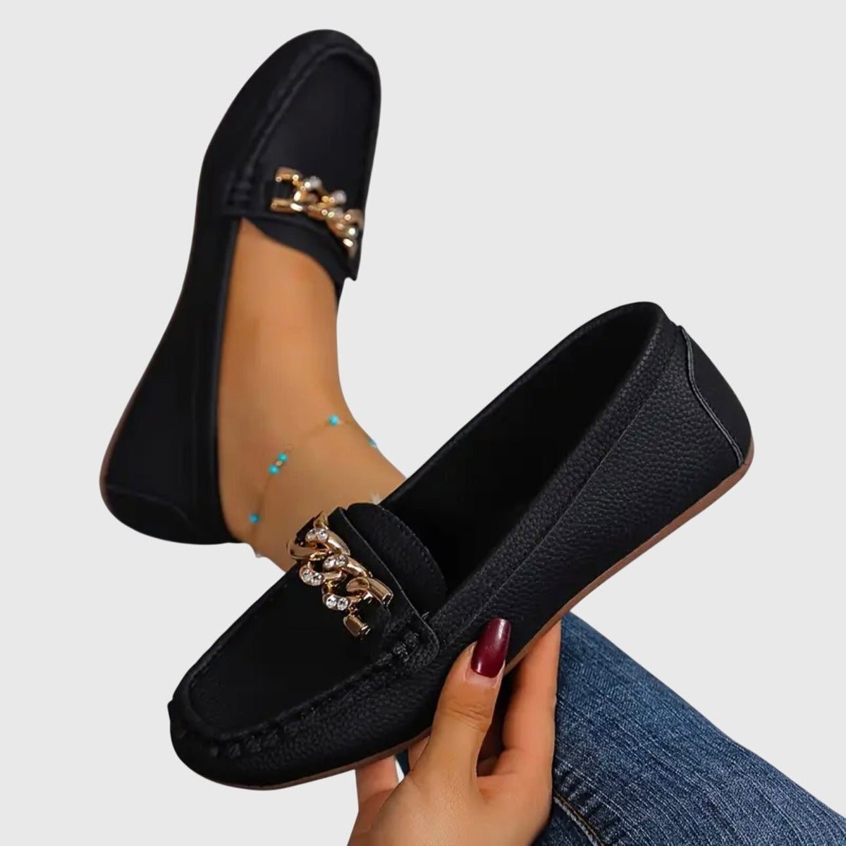 Alexandra | White Chain-Detail Loafers