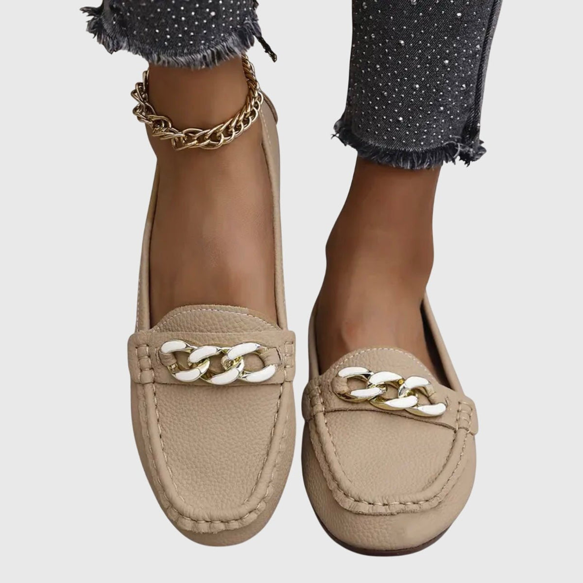 Alexandra | White Chain-Detail Loafers