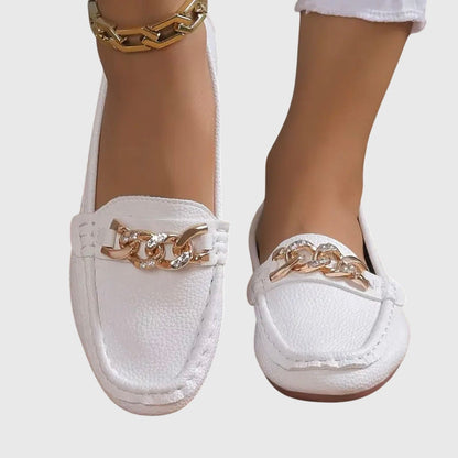 Alexandra | White Chain-Detail Loafers