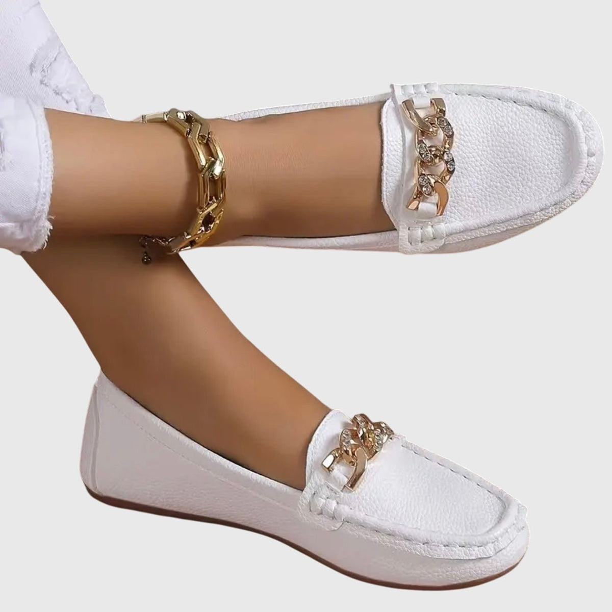 Alexandra | White Chain-Detail Loafers