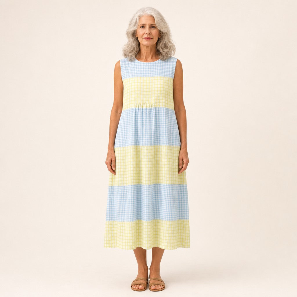 Ivy | Blue & Yellow Check Sleeveless Midi Dress