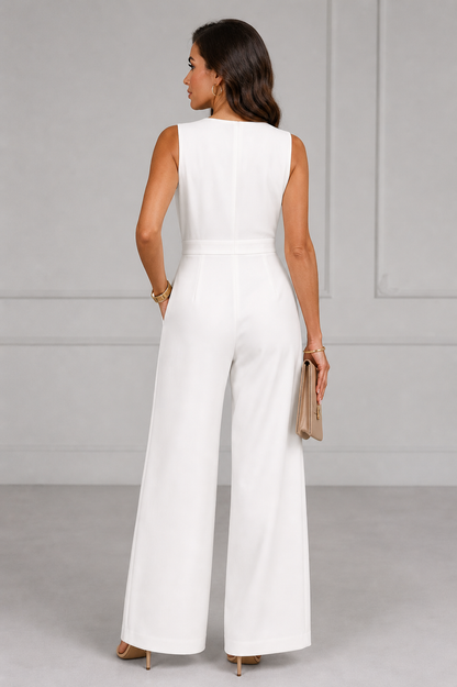 Olwen | White Wrap-Neck Wide-Leg Jumpsuit