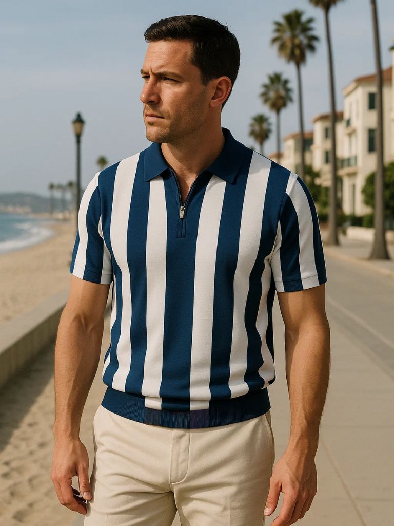 Barry | Navy Vertical-Stripe Zip Polo