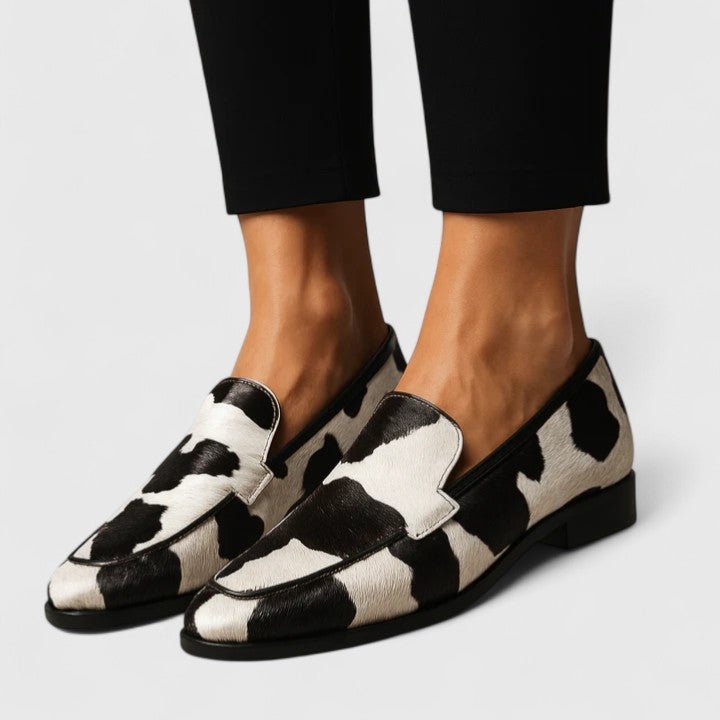Bethan | Black & White Cow Print Loafers