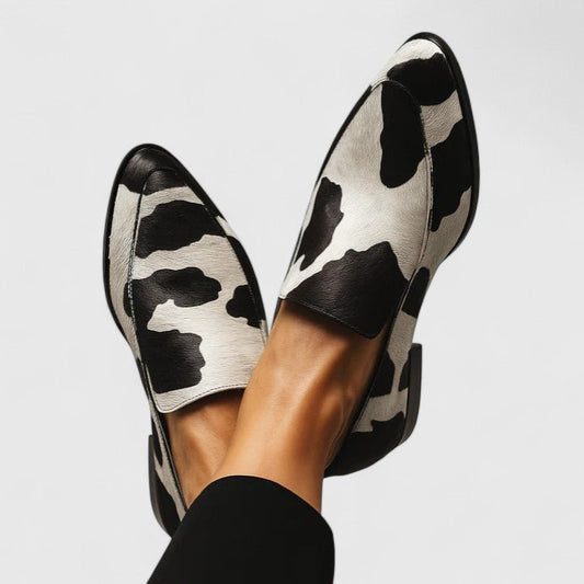 Bethan | Black & White Cow Print Loafers