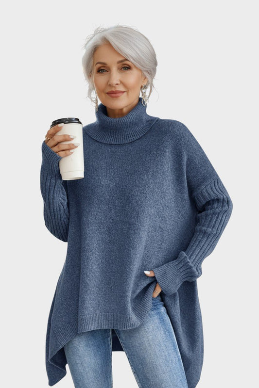 Bridget | Blue Longline Roll-Neck Jumper