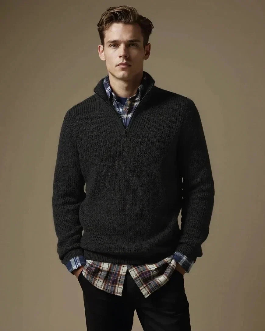 Caspar | Navy Textured Half-Zip Jumper
