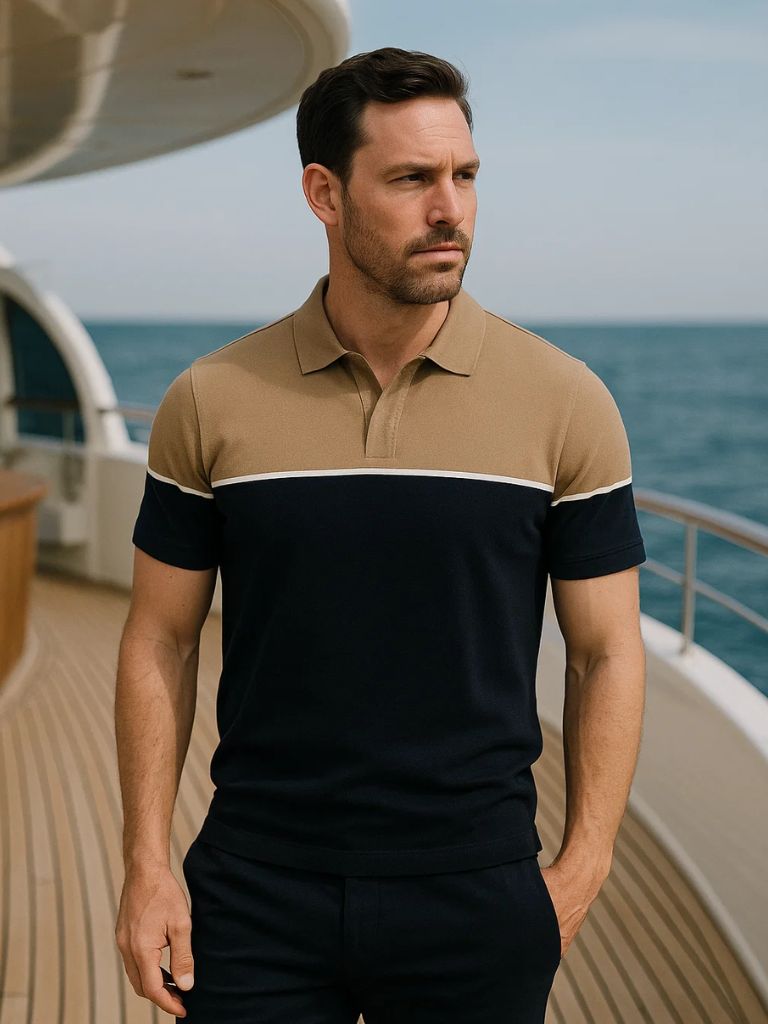 Caspar | Black and Tan Colour-Block Polo