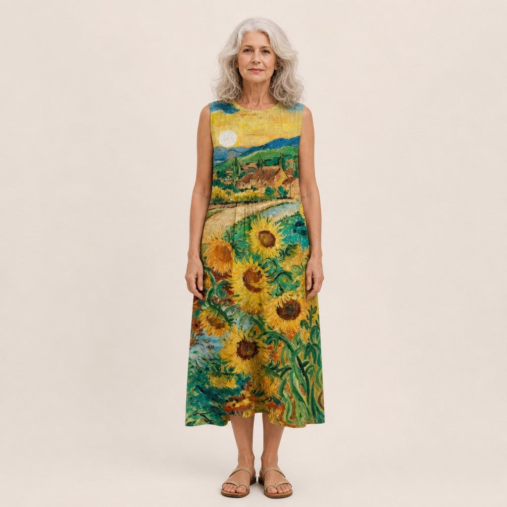 Sian | Sunflower Print Sleeveless Midi Dress