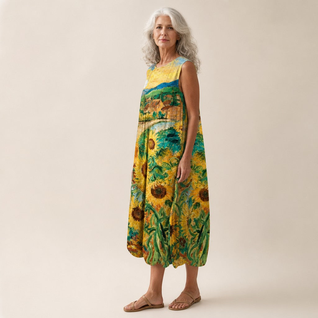 Sian | Sunflower Print Sleeveless Midi Dress