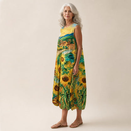 Sian | Sunflower Print Sleeveless Midi Dress
