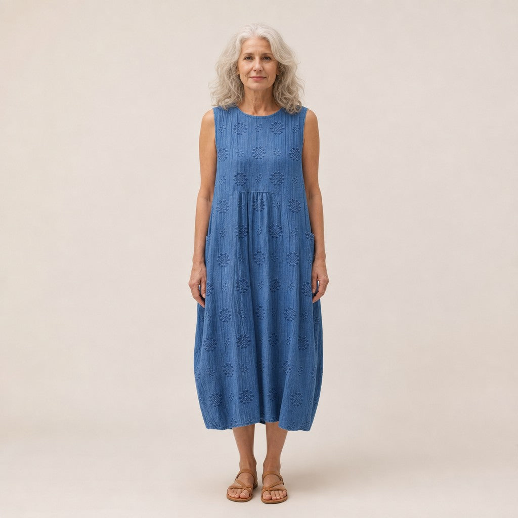 Harriet | Blue Broderie-Style Sleeveless Midi Dress