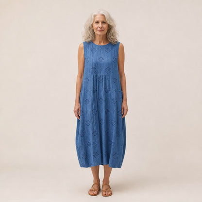 Harriet | Blue Broderie-Style Sleeveless Midi Dress