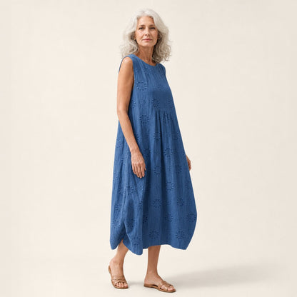 Harriet | Blue Broderie-Style Sleeveless Midi Dress