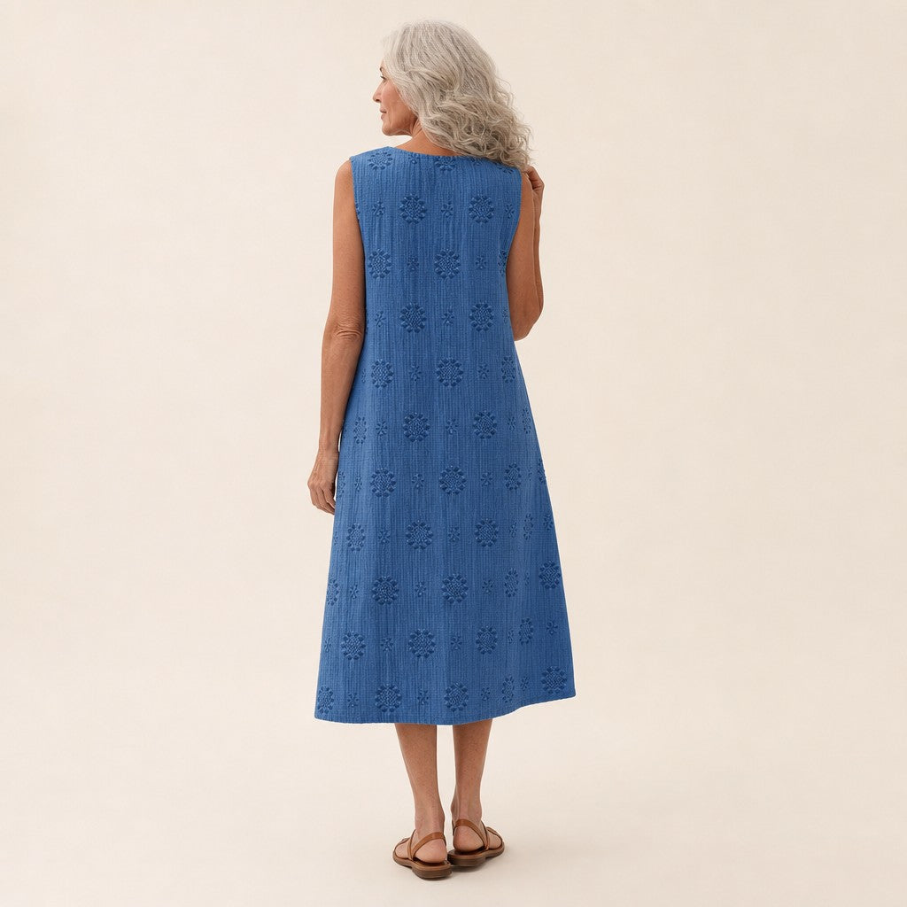 Harriet | Blue Broderie-Style Sleeveless Midi Dress
