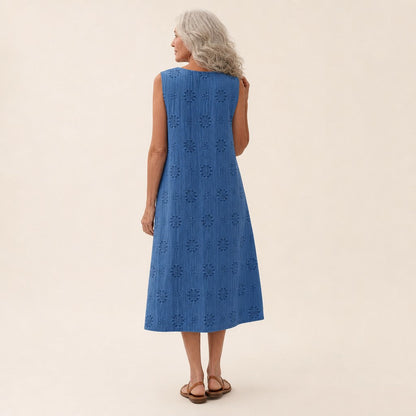 Harriet | Blue Broderie-Style Sleeveless Midi Dress