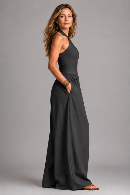 Fenella | Charcoal Halterneck Wide-Leg Jumpsuit