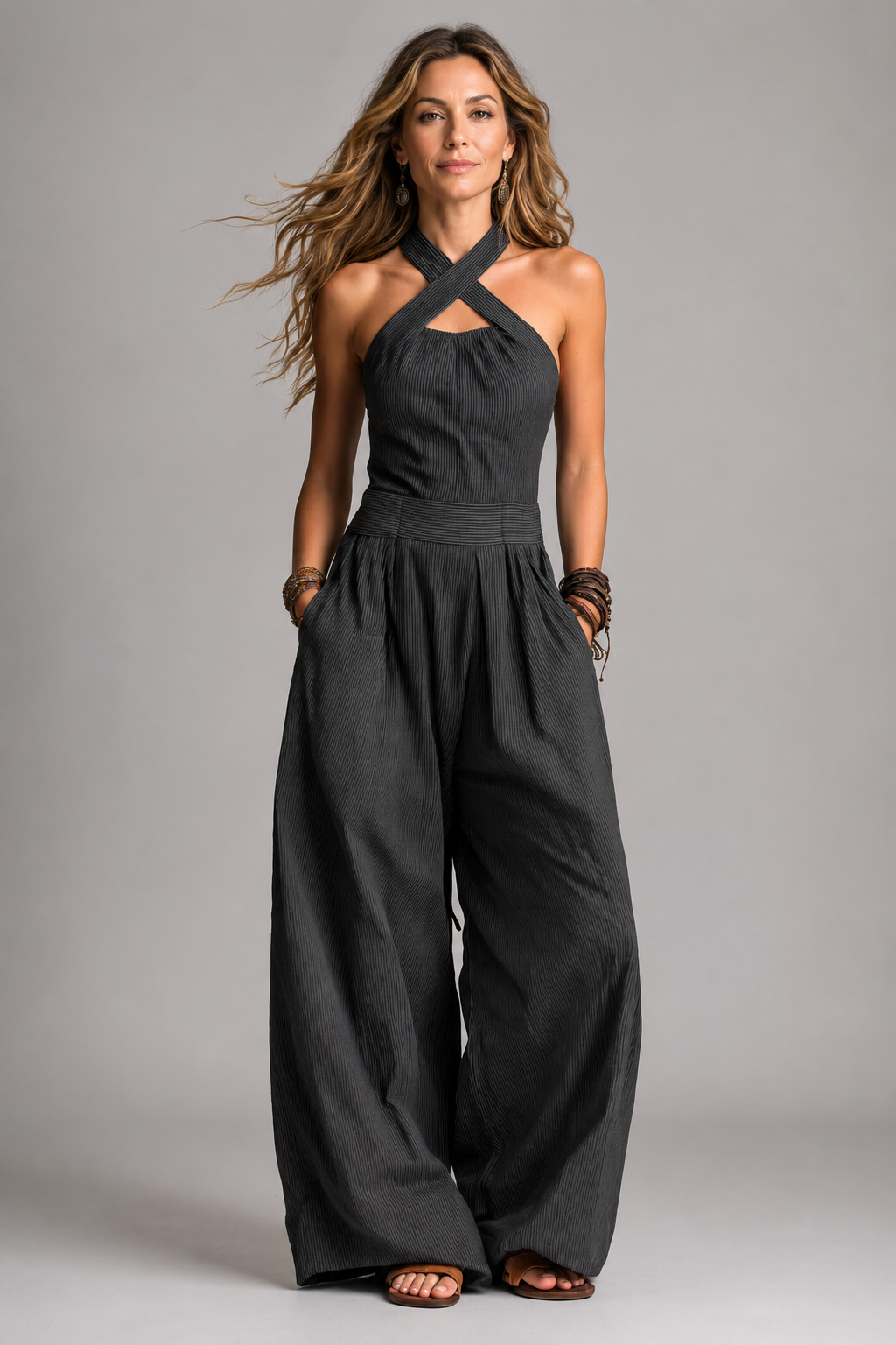 Fenella | Charcoal Halterneck Wide-Leg Jumpsuit