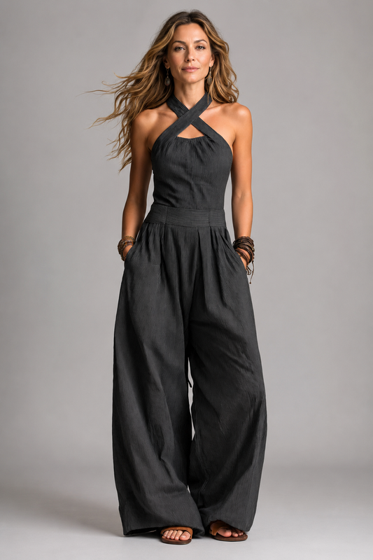 Fenella | Charcoal Halterneck Wide-Leg Jumpsuit