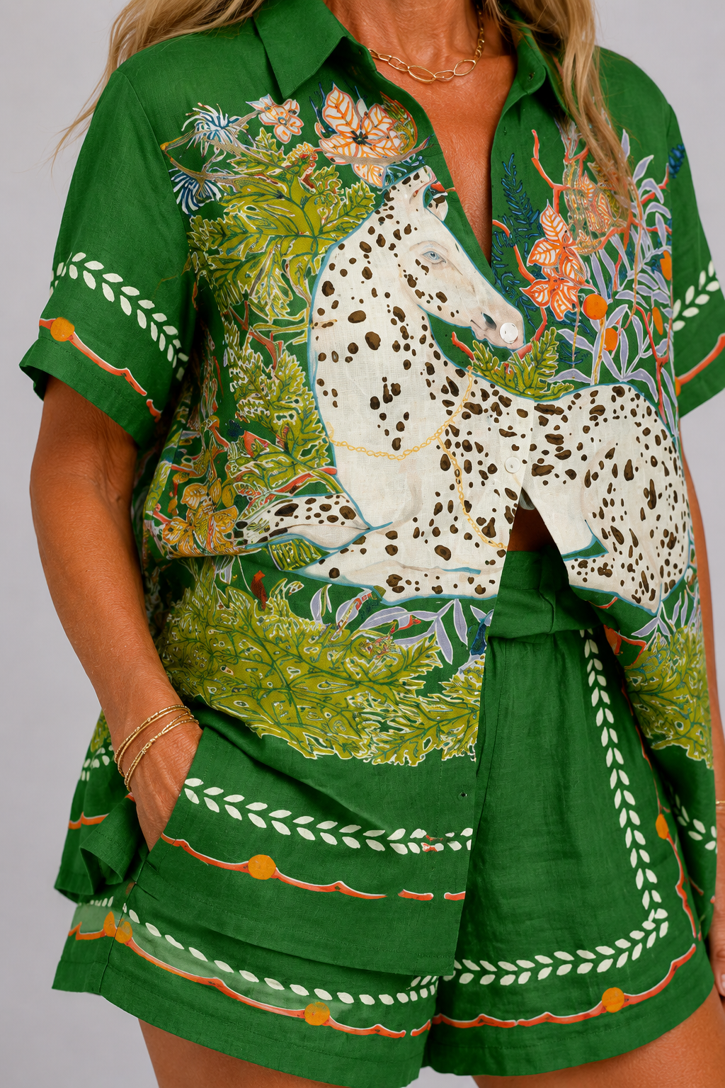 Lily | Green Horse Print Shirt & Shorts Set