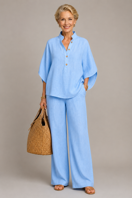 Rosalie | Light Blue Linen-Look Trouser Set