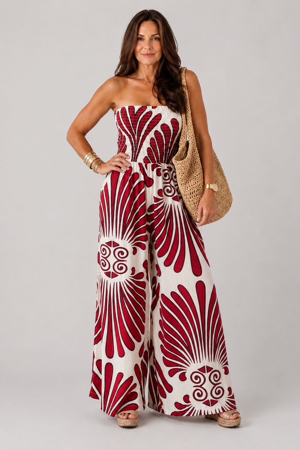 Doris | Red Fan Print Wide-Leg Jumpsuit
