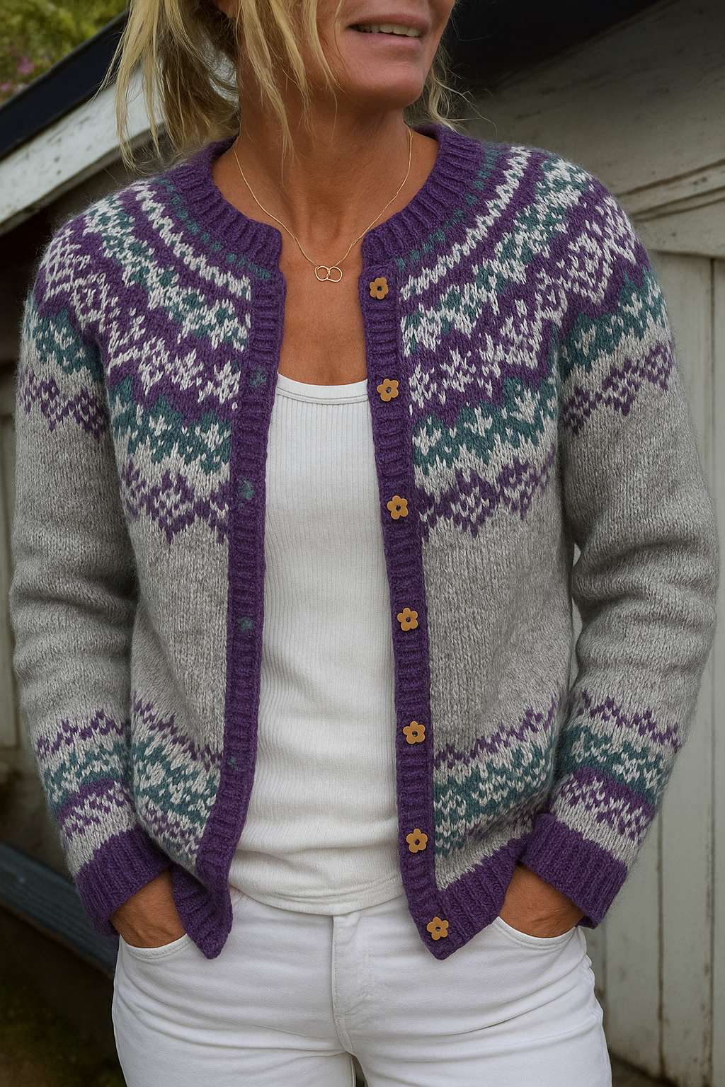Claire | Grey & Purple Nordic-Inspired Cardigan