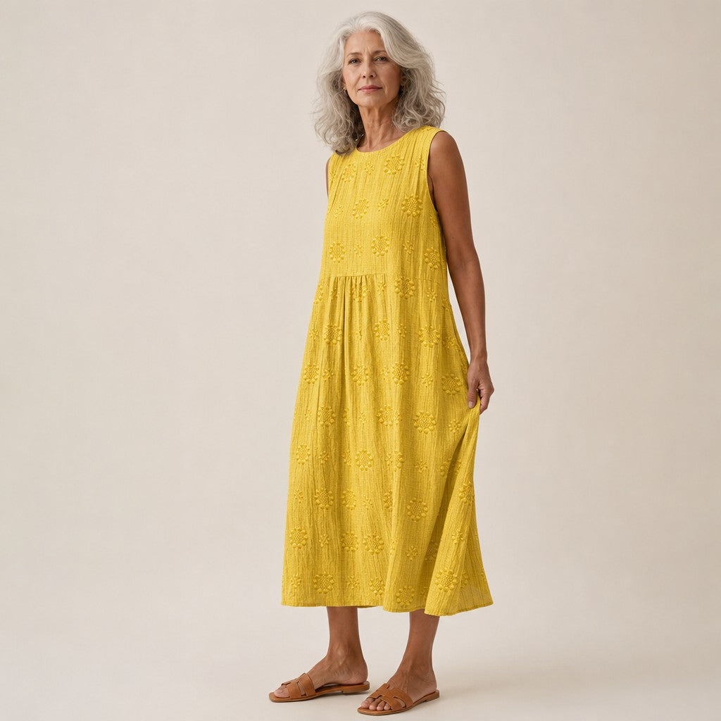 Bridget | Yellow Textured Sleeveless Midi Dress