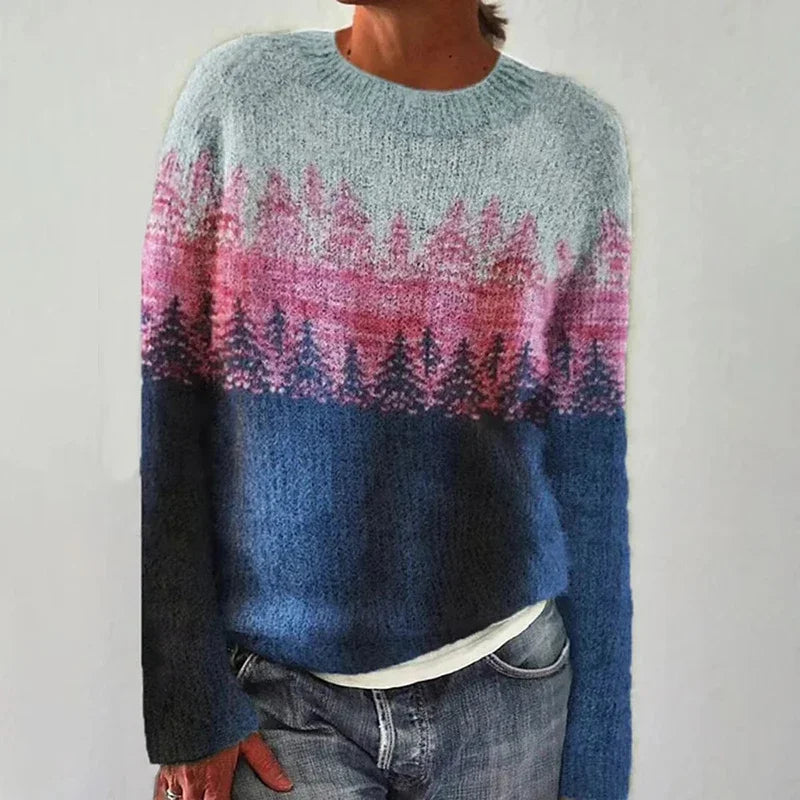 Cynthia | Blue & Pink Forest Motif Knit Jumper