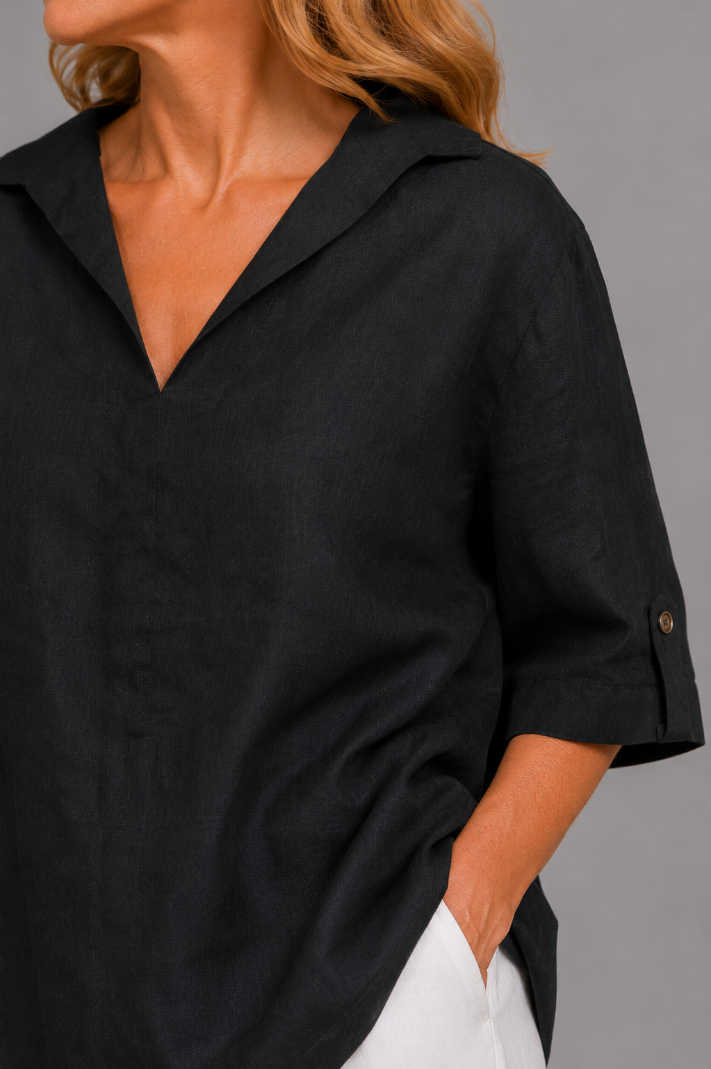 Maggie | Black Linen-Look Blouse