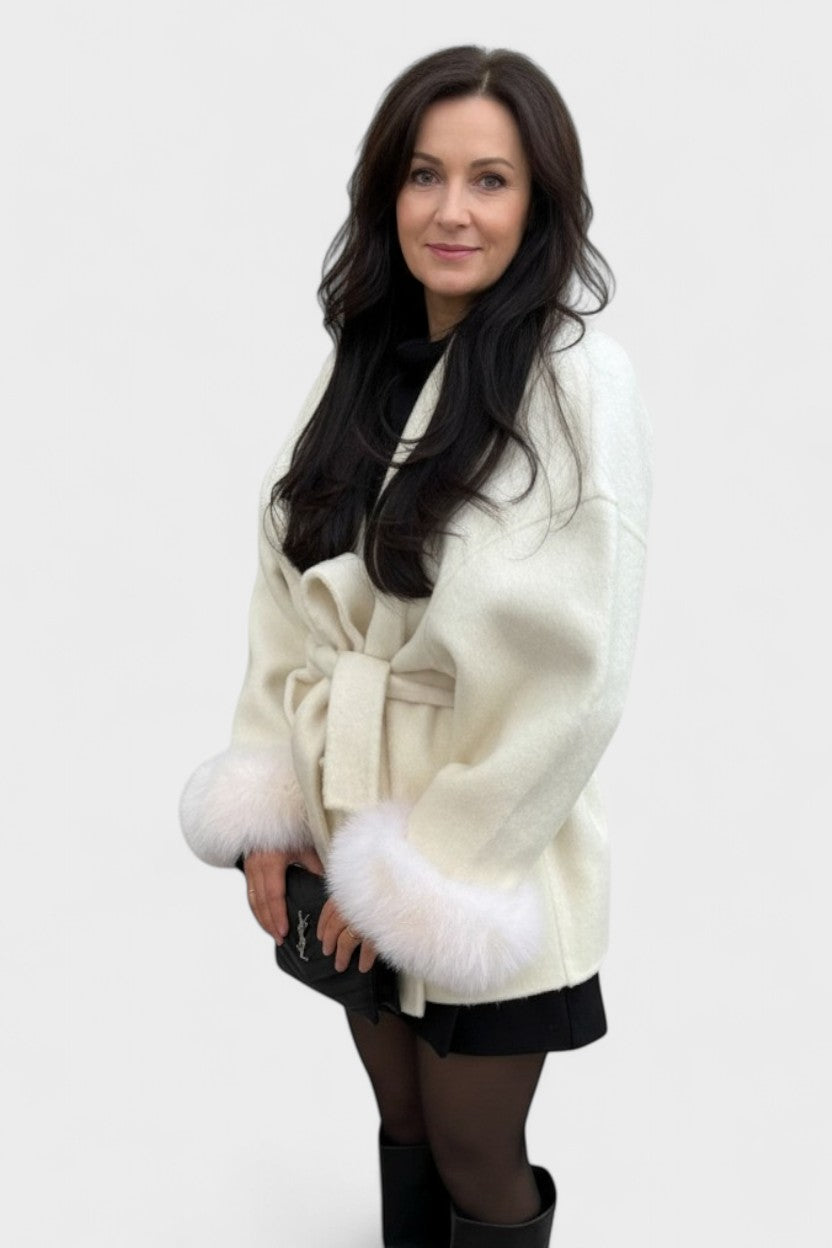 Dinah | Ivory Belted Coat with Faux-Fur Cuffs