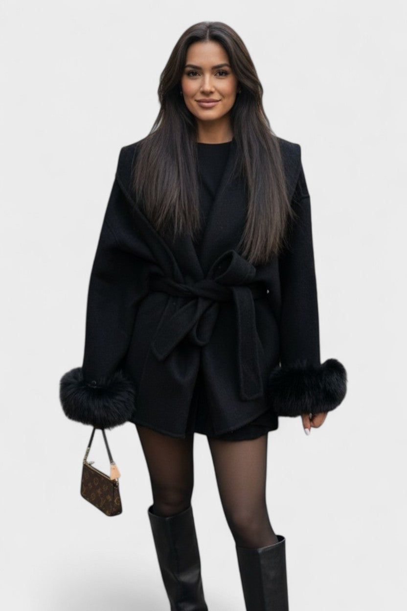 Dinah | Ivory Belted Coat with Faux-Fur Cuffs