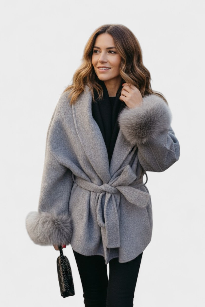 Dinah | Ivory Belted Coat with Faux-Fur Cuffs