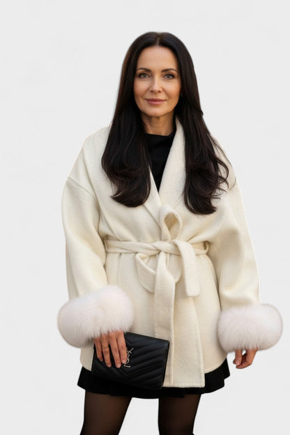 Dinah | Ivory Belted Coat with Faux-Fur Cuffs