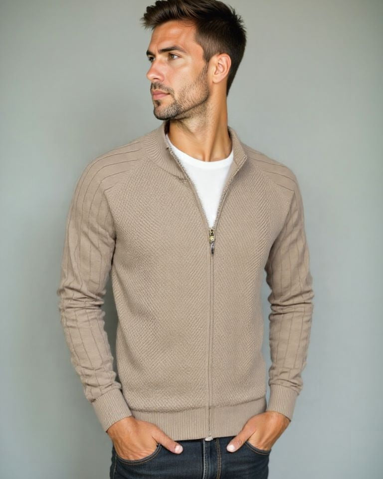Daniel | Beige Zip-Front Knit Cardigan