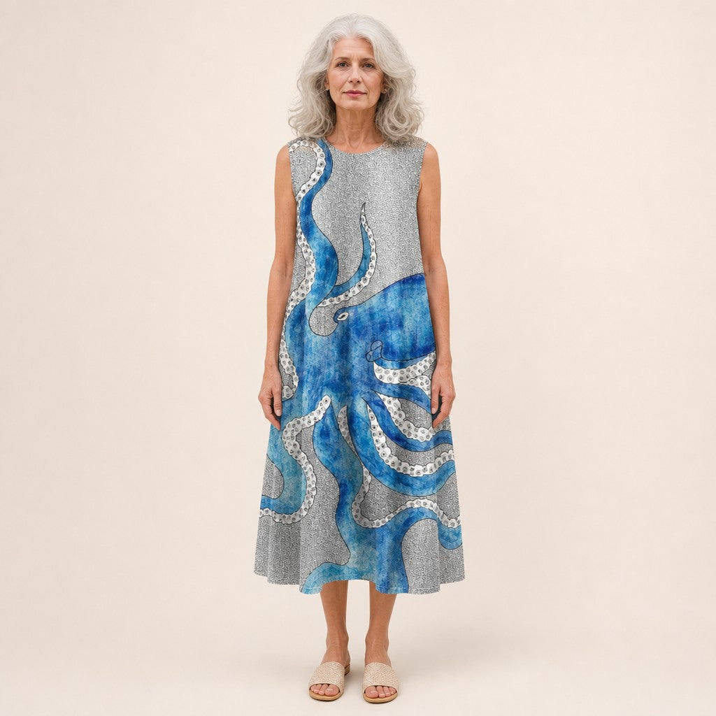 Kathleen | Grey Octopus Print Sleeveless Midi Dress