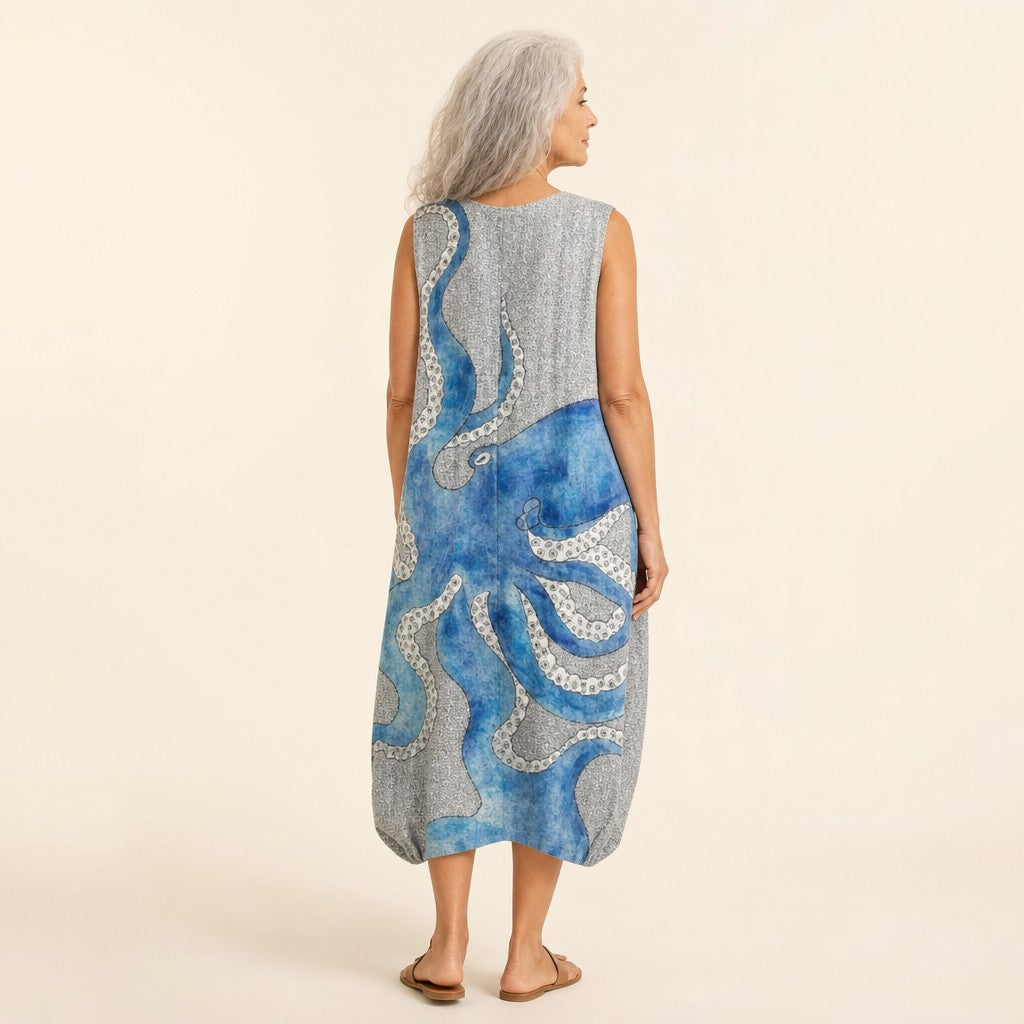 Kathleen | Grey Octopus Print Sleeveless Midi Dress