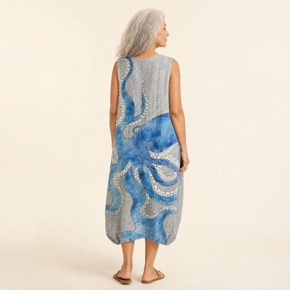 Kathleen | Grey Octopus Print Sleeveless Midi Dress