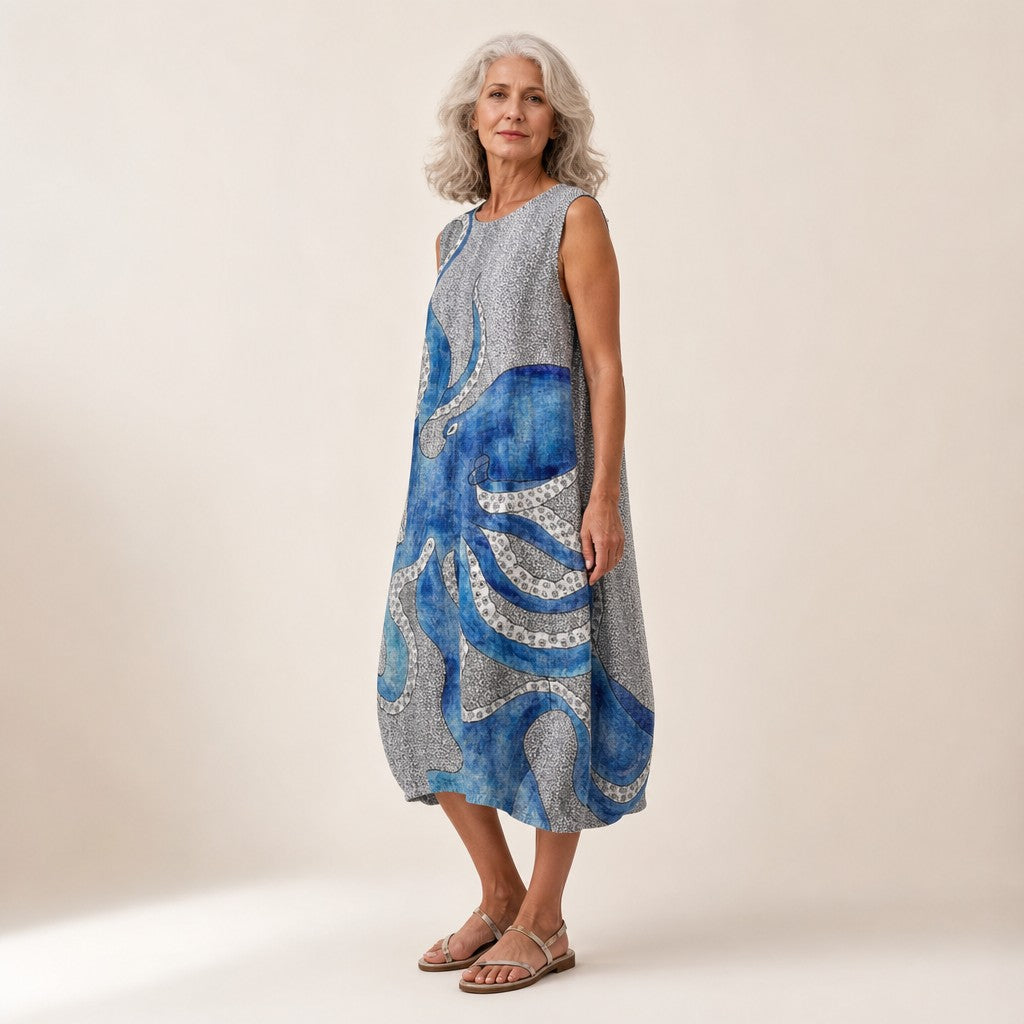 Kathleen | Grey Octopus Print Sleeveless Midi Dress