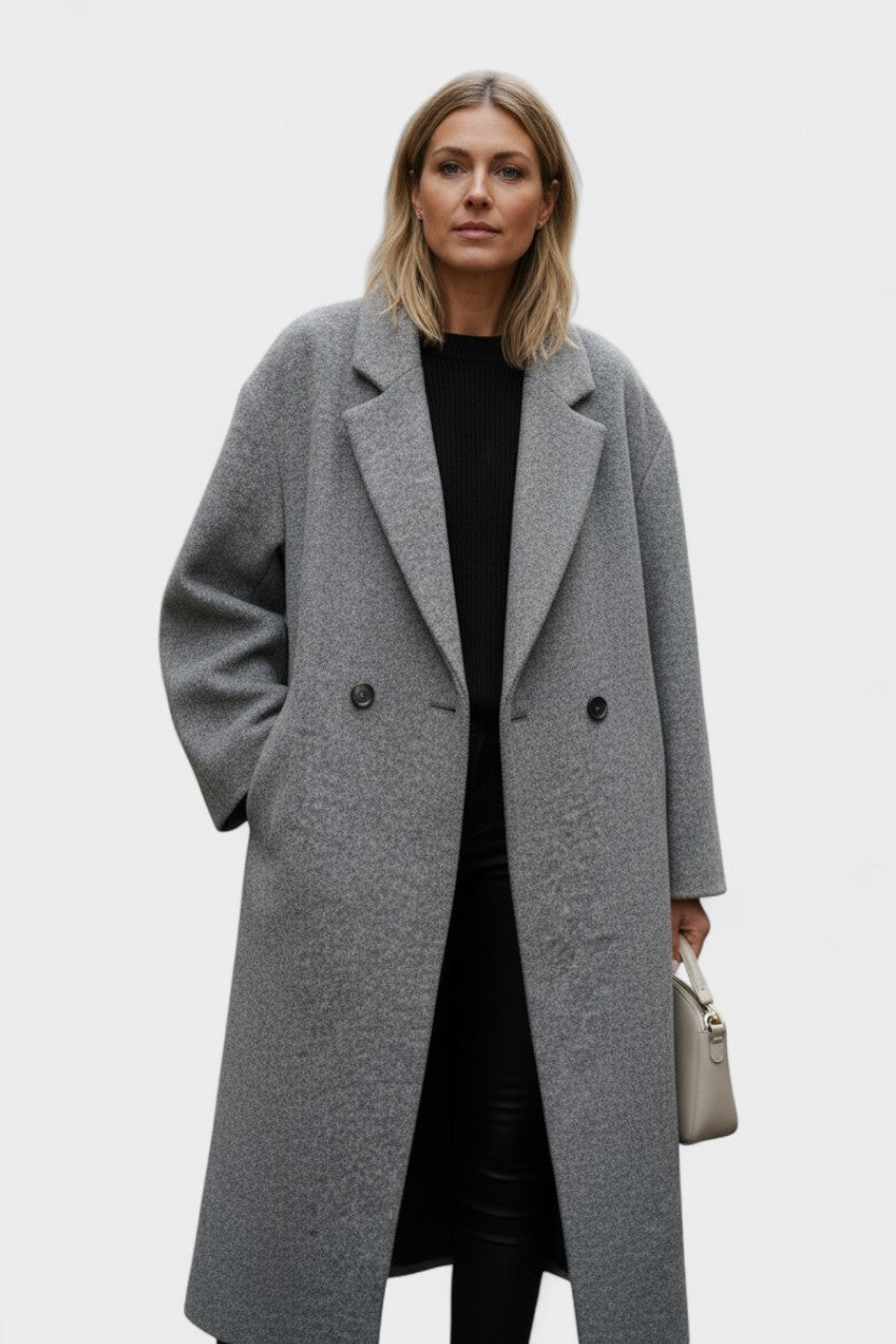 Dilys | Grey Double-Breasted Long Coat