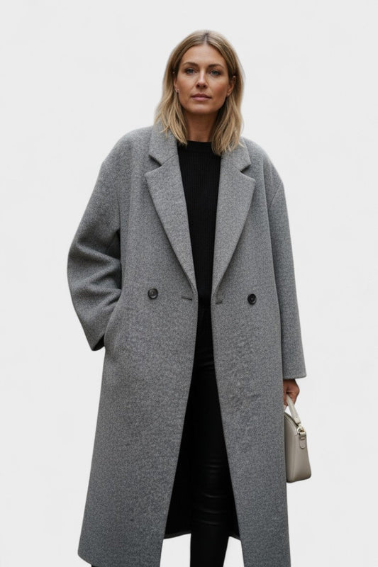 Dilys | Grey Double-Breasted Long Coat