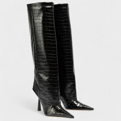 Dilys | Black Croc-Effect Knee-High Boots