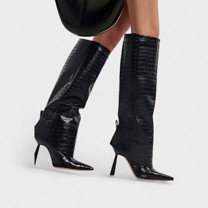 Dilys | Black Croc-Effect Knee-High Boots