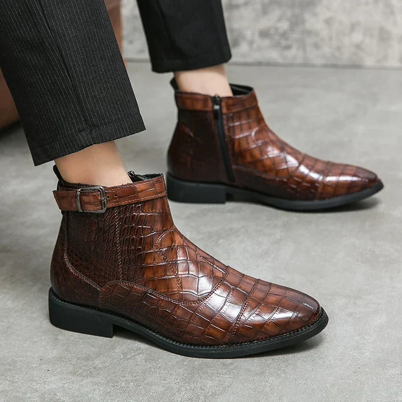Dylan | Brown Woven Buckle Ankle Boots