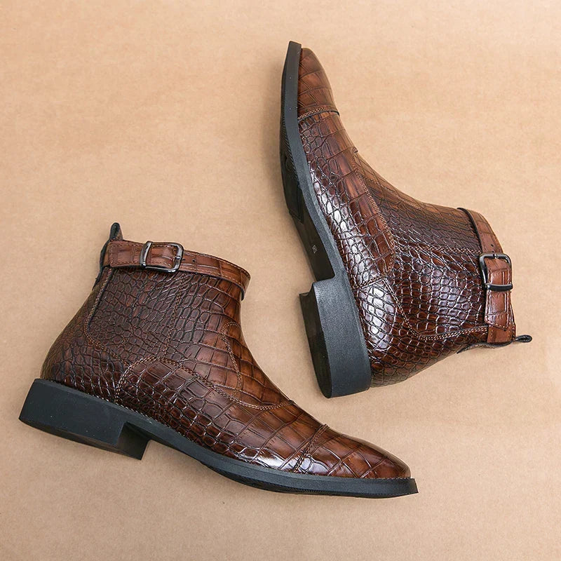 Dylan | Brown Woven Buckle Ankle Boots