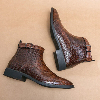 Dylan | Brown Woven Buckle Ankle Boots