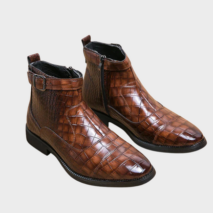 Dylan | Brown Woven Buckle Ankle Boots