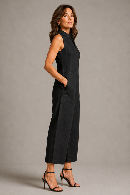 Kathryn | Black Linen-Look Cropped Jumpsuit