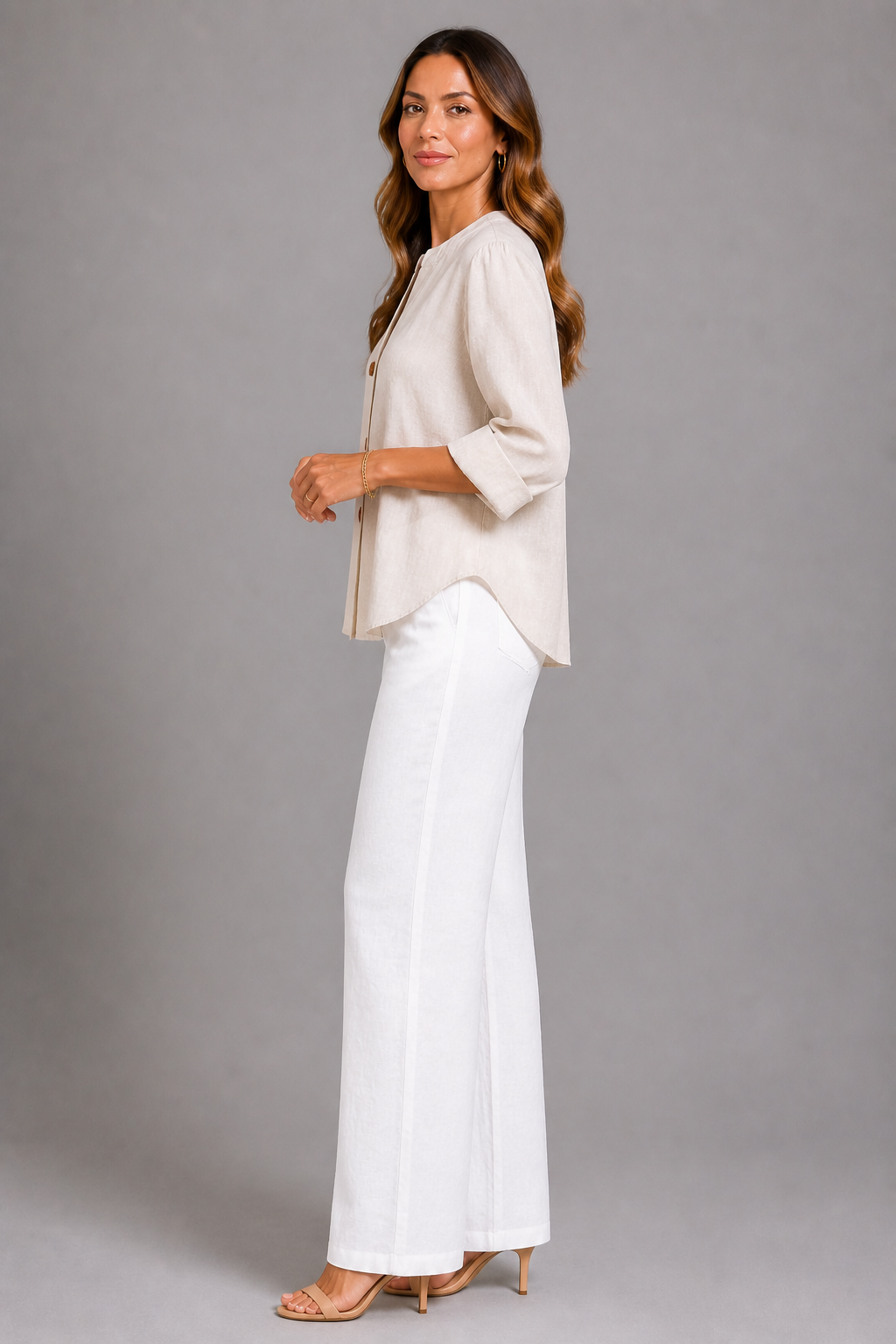 Agnes | Sand Linen-Look Button Shirt