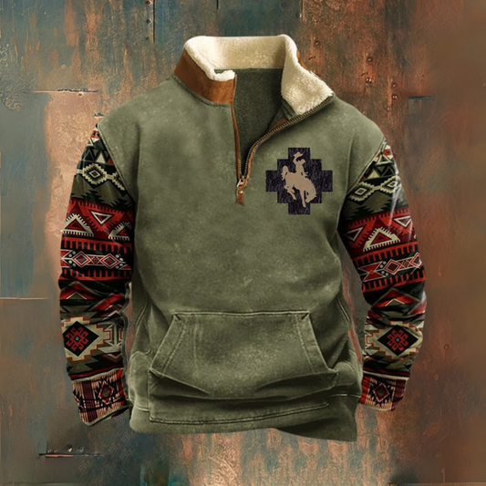 Elliott | Olive Pattern-Sleeve Half-Zip Sweatshirt